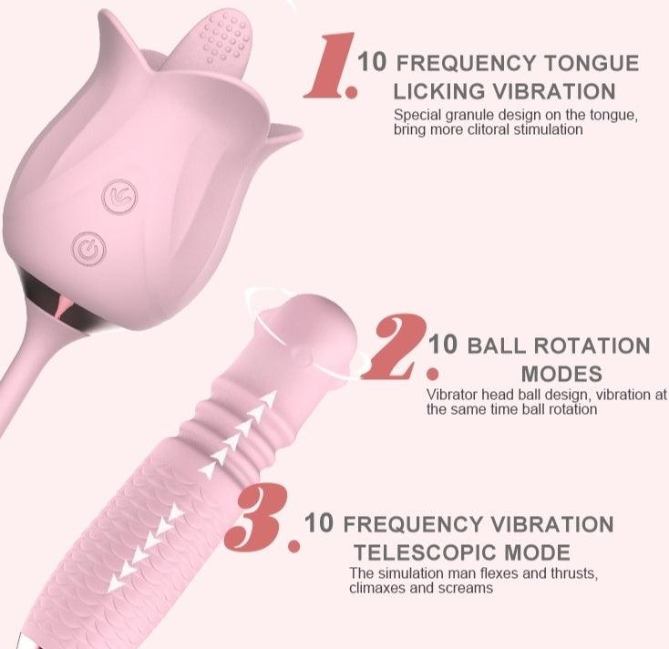 3-in-1 Blooming Rose Vibrator with Rotating Tongue and Thrusting Pearls - HeartCaptor