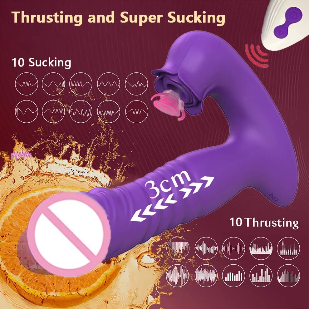 Remote Control Thrusting Telescopic Vibrator with Clitoral Sucking Stimulator - HeartCaptor