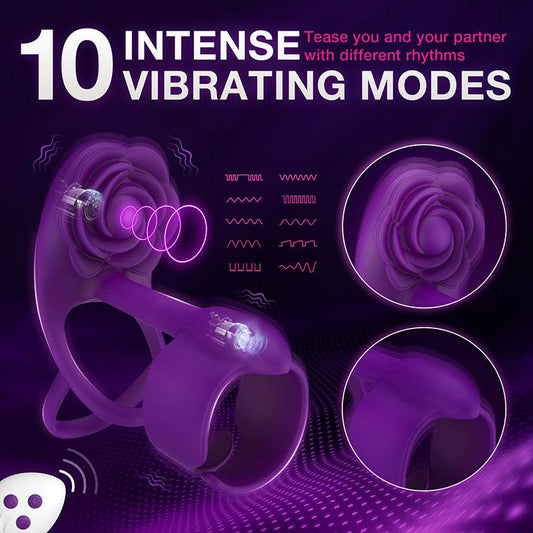 Rose Vibrating Penis Ring with Remote Control and Dual Motors