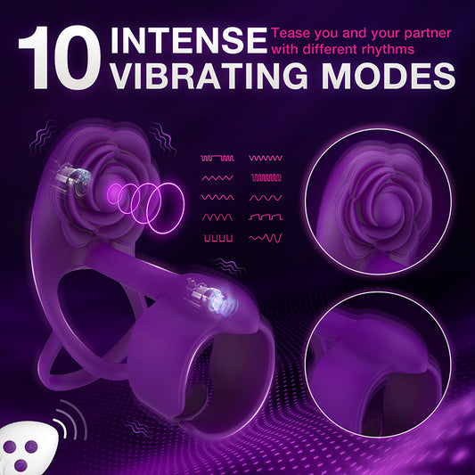 Rose Vibrating Cock Ring with Dual Motor Stimulator for Couples